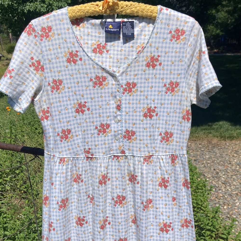 Vintage Adorable Cottage  100% Cotton Gingham Floral White & Blue Midi Dress - Picture 2 of 11